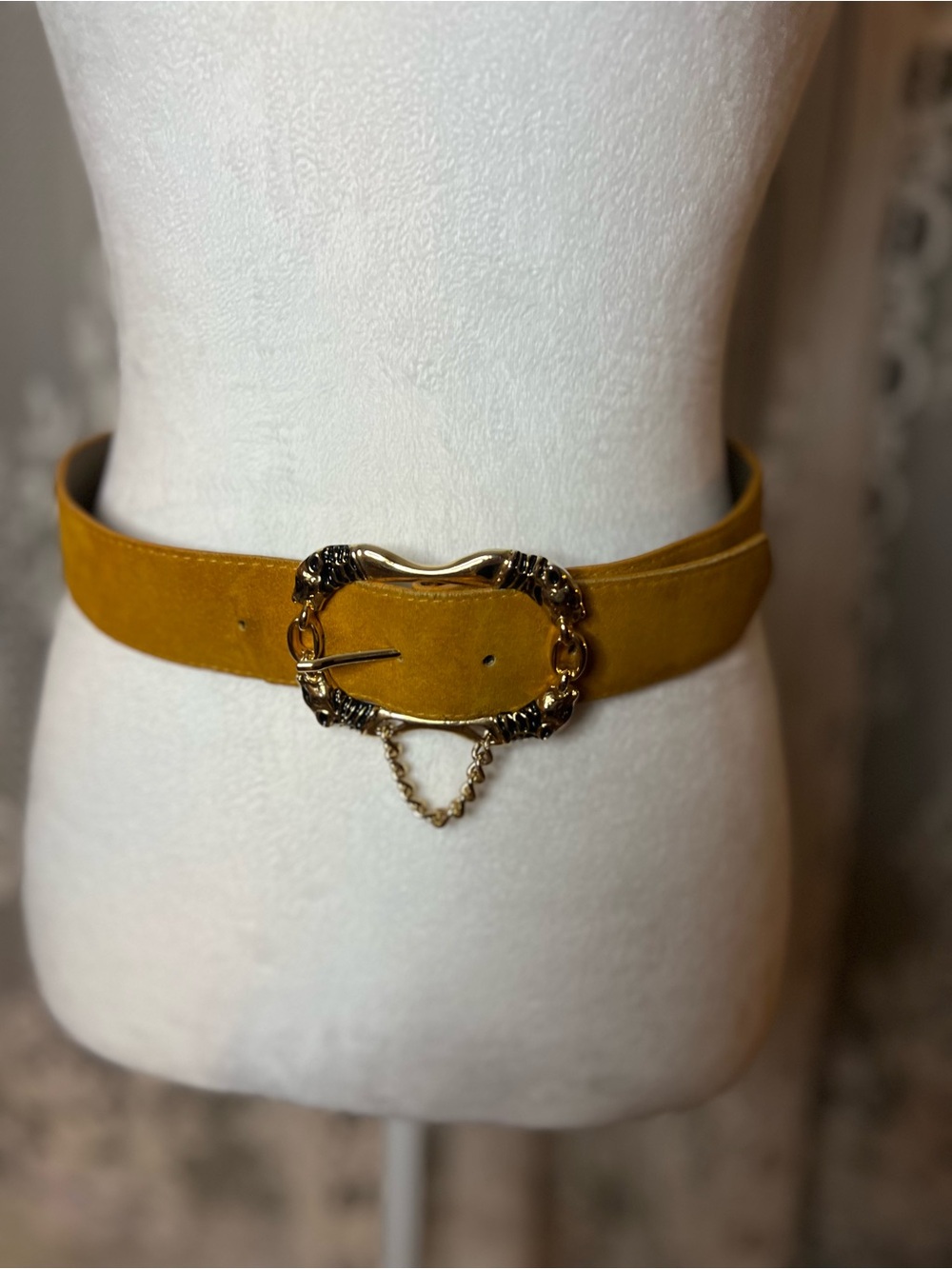 Vintage Mustard 100% Leather Suede Belt with Decorative Gold Buckle
